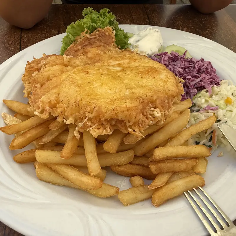 Kotlet schabowy z frytkami i surówką